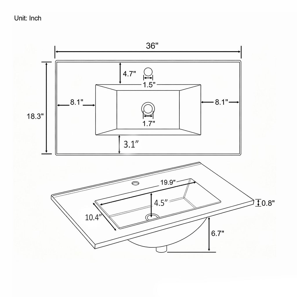 36" Ceramic Basin Sink, Single Faucet Hole