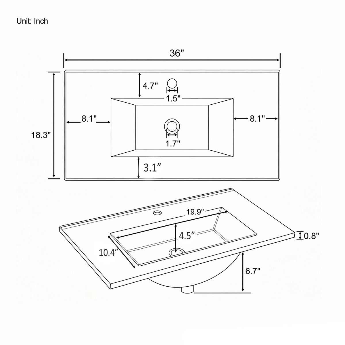36" Ceramic Basin Sink, Single Faucet Hole