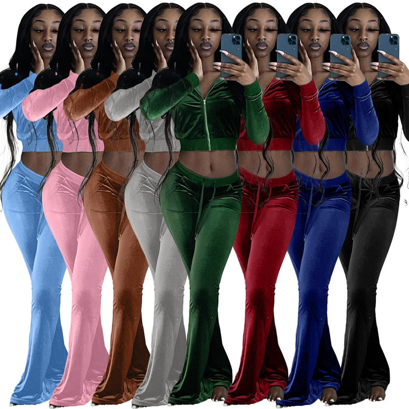 European And American Women's Clothing Autumn And Winter New Set, Two-Piece Crop Top Set For Women, Casual Sports Commuter Style, Flared Pants, Short Style