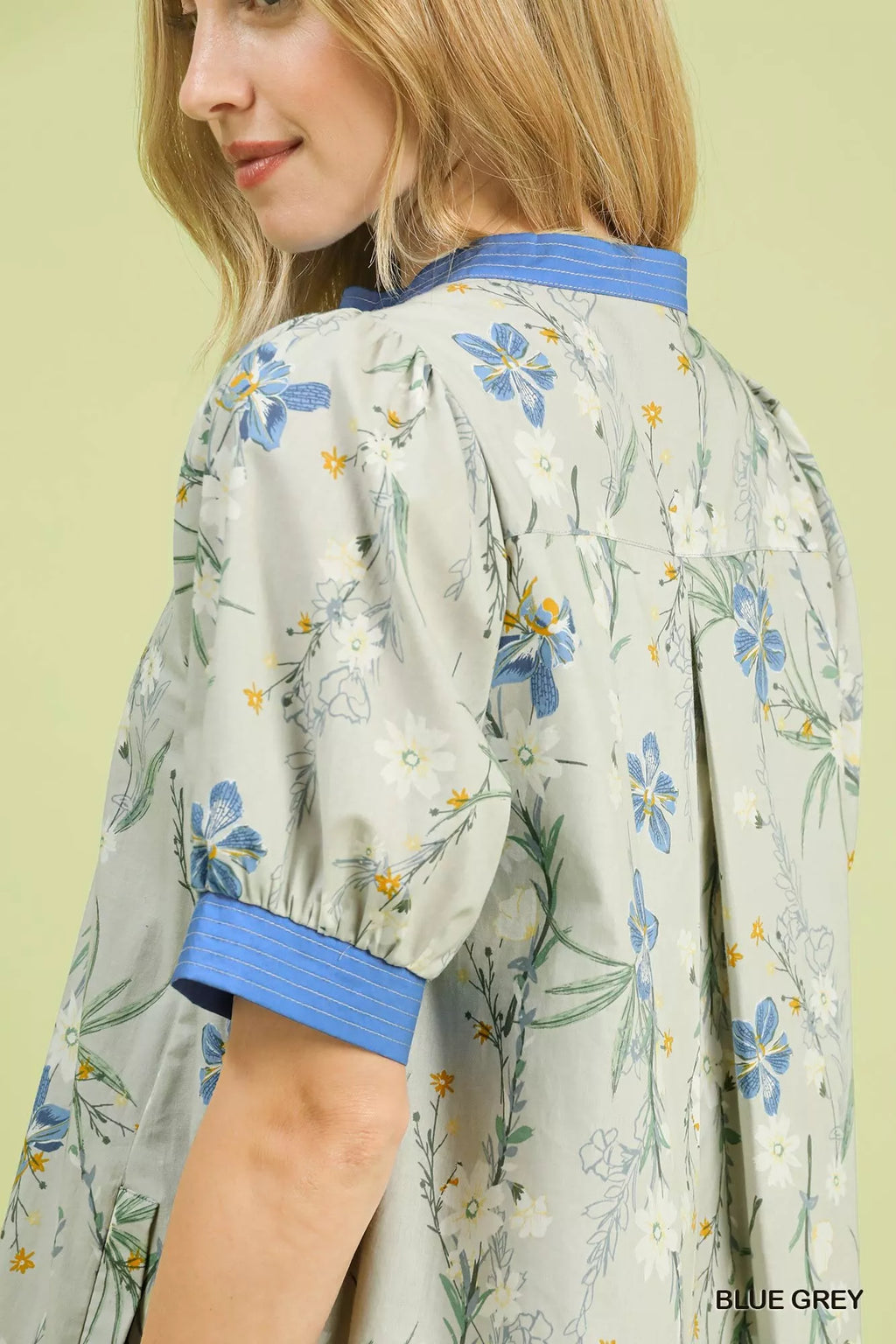 Umgee Floral Puff Sleeve Dress with Contrast Trim