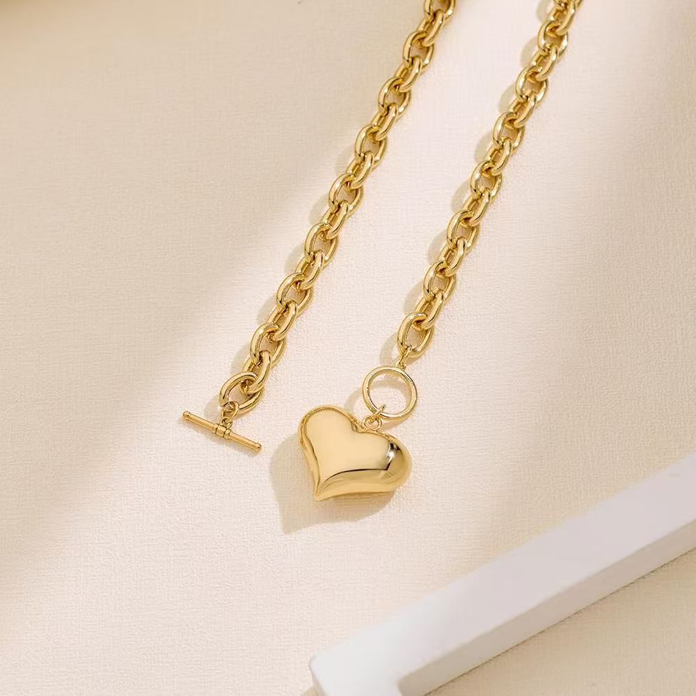 Cross-Border European And American Simple Fashion Ot Buckle Gold-Plated Thick Chain Fluffy Heart-Shaped Pendant Necklace Thick Thick Chain Necklace Jewelry