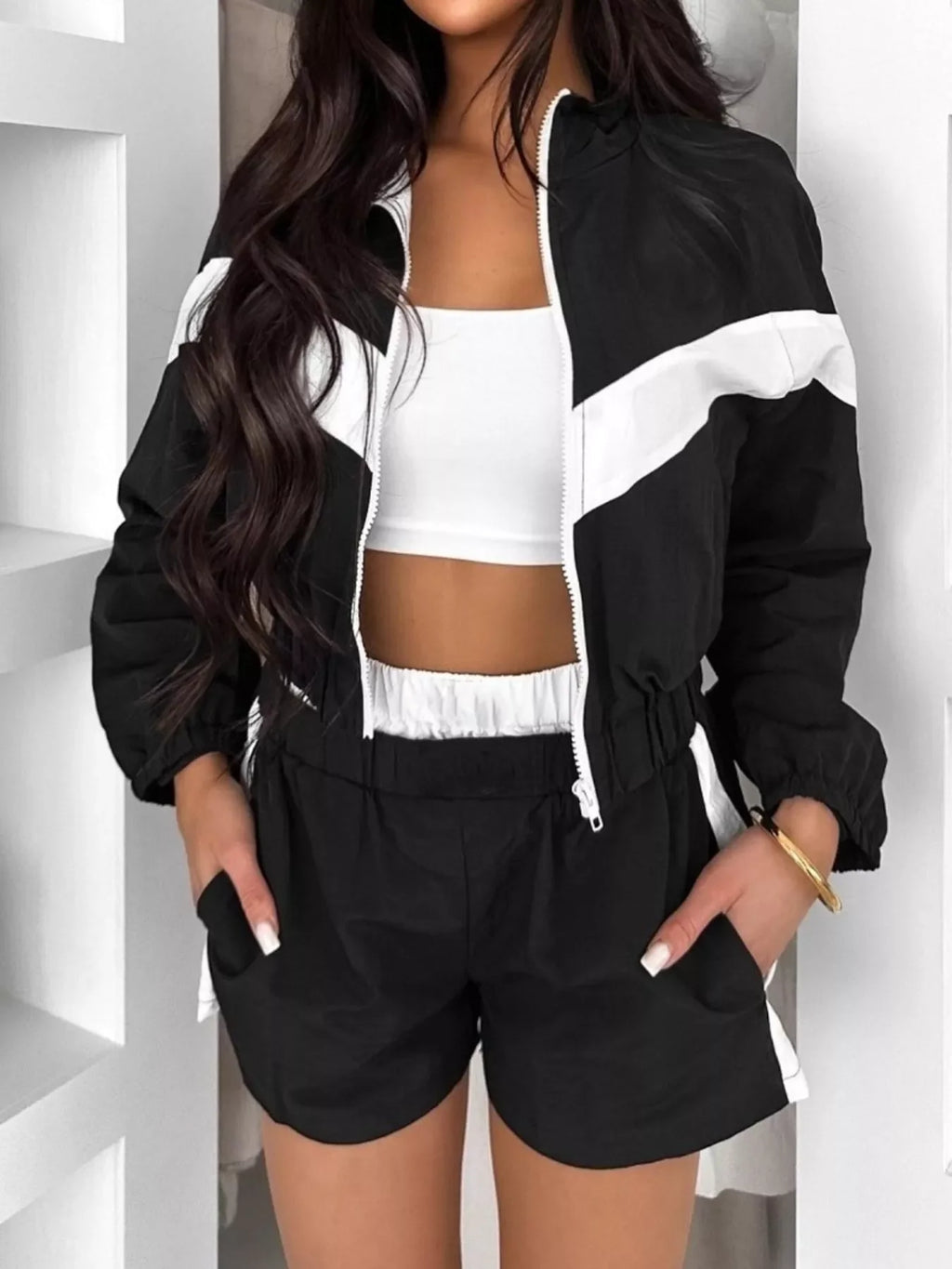 Color Block Zip-Up Jacket and Shorts Two-Piece Set