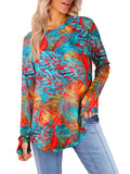 Yousify Womens Long Sleeve Shirts Casual Crew Neck Tunic Top Loose Fit Curved Hem Printed Fall Shirts with Thumb Holes
