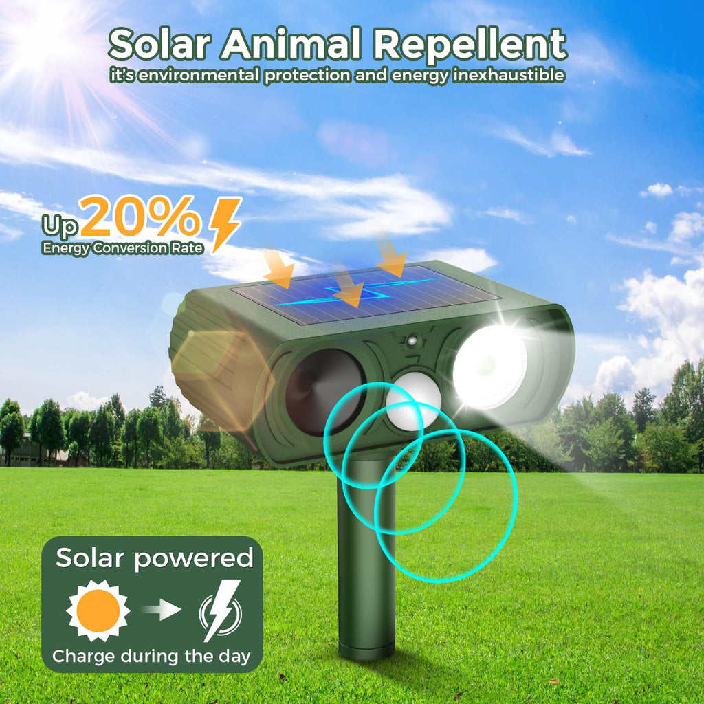 Upgraded Solar Ultrasonic Animal Repellent Outdoor, Deer Repellent Devices Squirrel Cat Raccoon Rabbit Dog Deterrent, Keep Skunk Away Motion Detection with Flash Light for Yard Garden Lawn 2PACKGreen