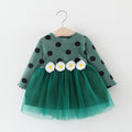 Baby Girl Long Sleeve Polka Dot Waist Flower Mesh  Princess Dress
