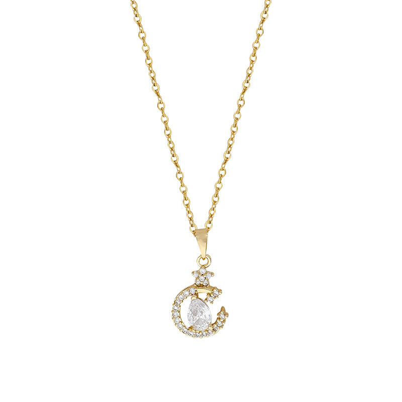 Star Moon Waterdrop Zircon Pendant Necklace Women Neck Jewelry For Daily Dating Banquet Party Occasions