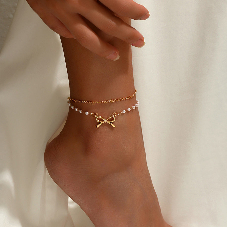 Women Double Layer Anklet Gold Tone Bow Knot Artificial Pearl Beaded Ankle Bracelet Adjustable Stainless Steel Dainty Summer Beach Foot Jewelry Gift For Ladies