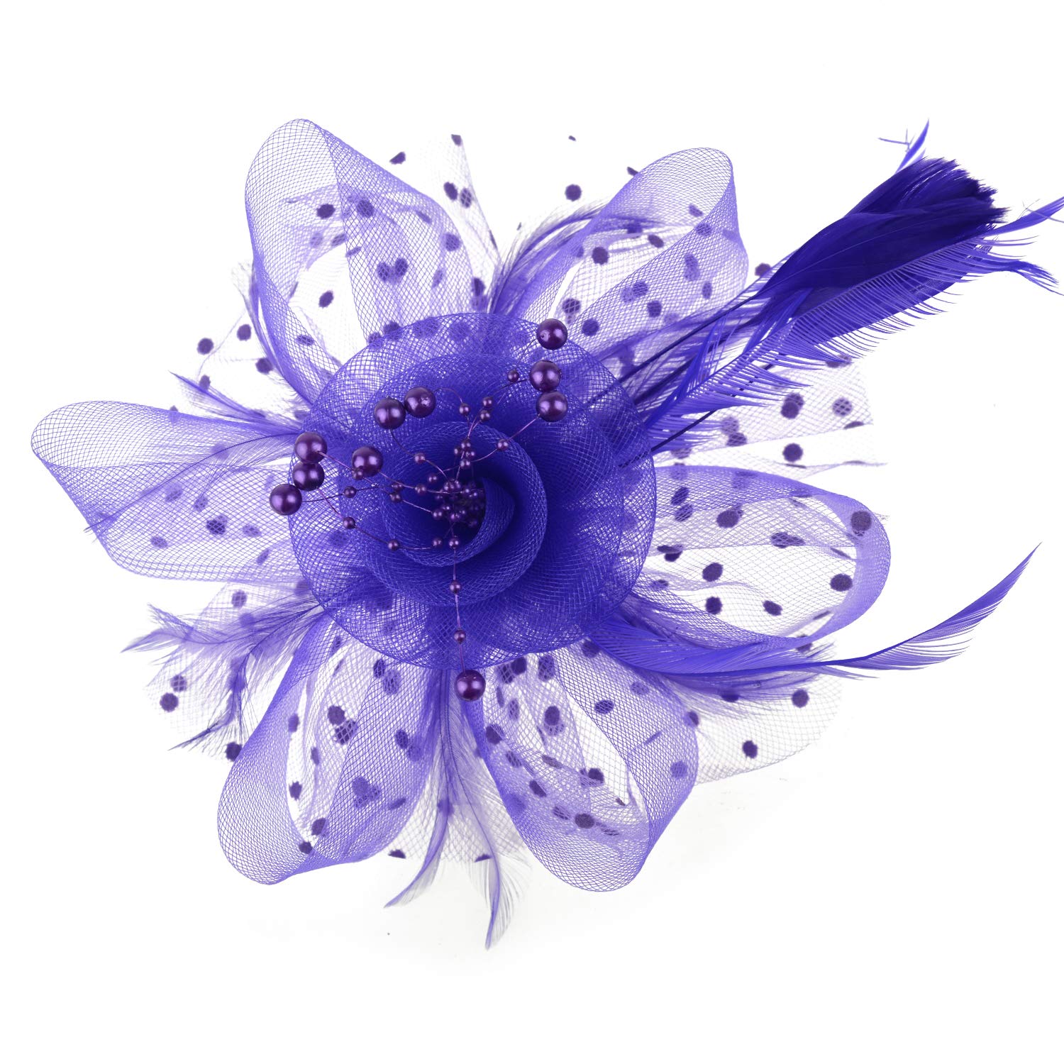 DRESHOW Fascinators Hat Flower Mesh Ribbons Feathers on a Headband and a Clip Tea Party Headwear for Girls and Women