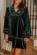 Leopard Trim Velvet Long Sleeve Shift Dress