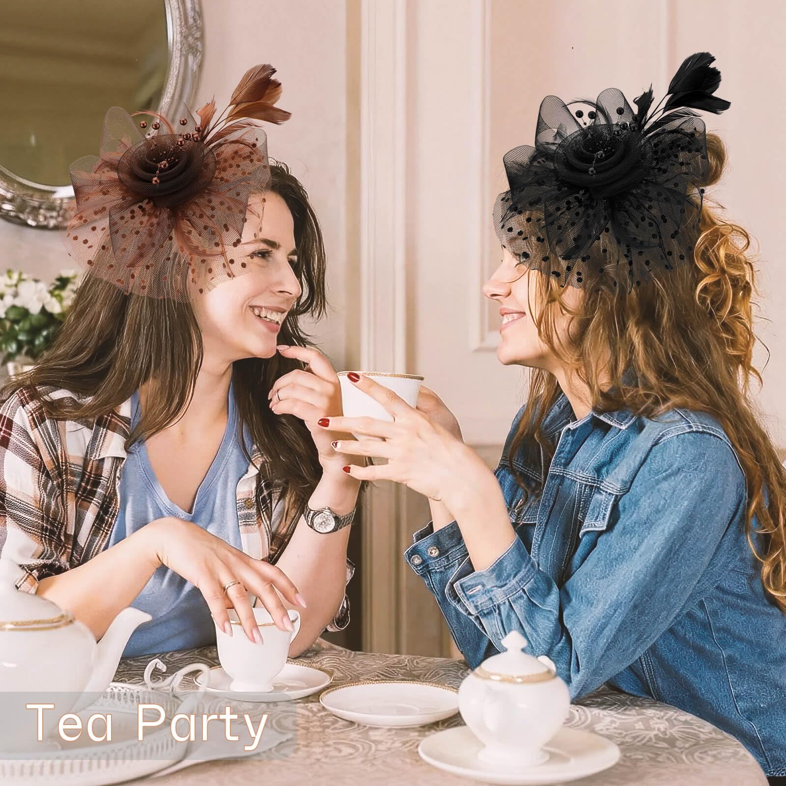 DRESHOW Fascinators Hat Flower Mesh Ribbons Feathers on a Headband and a Clip Tea Party Headwear for Girls and Women
