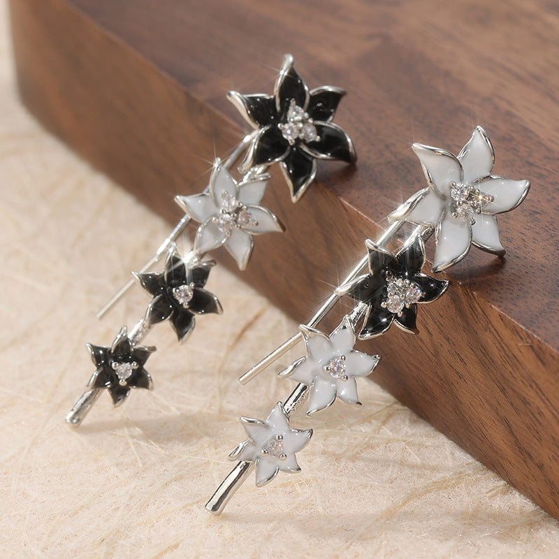 Colorful Flower Stud Earrings Silver Tone Brass Women Black White Crystal Party Fashion Jewelry Elegant