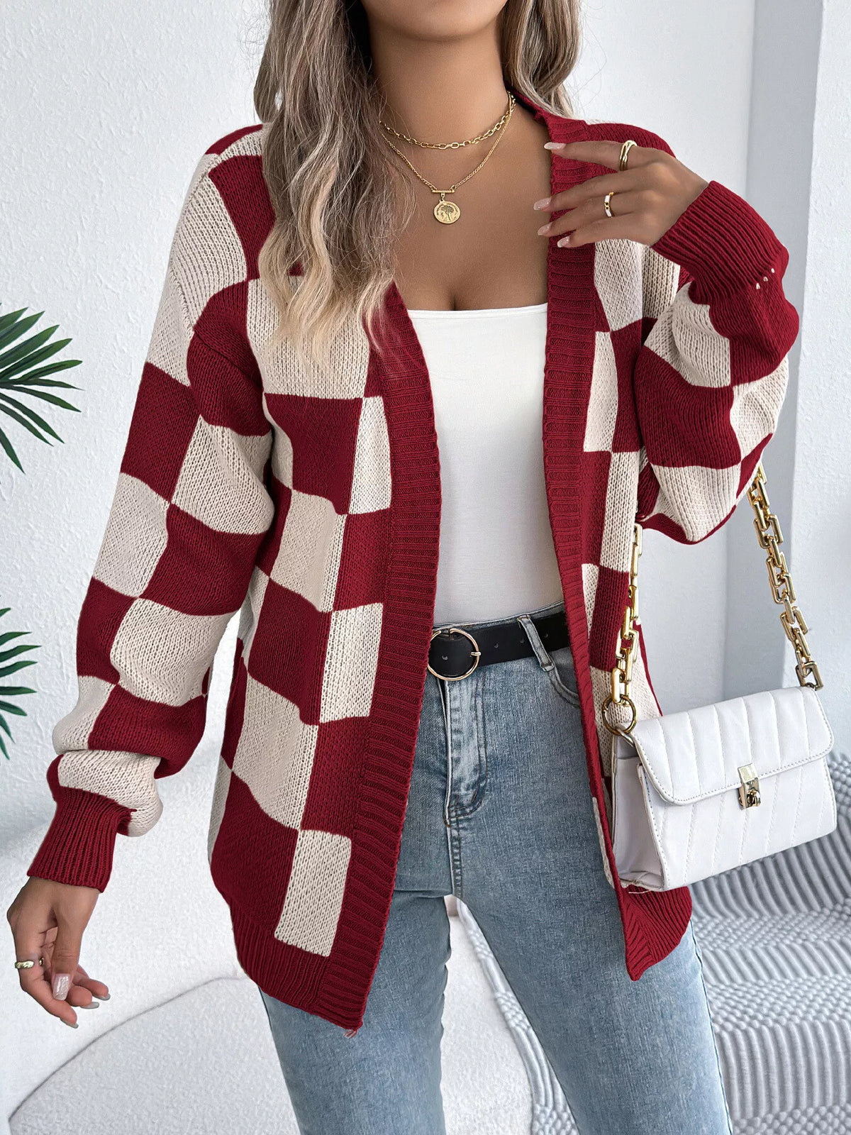 Checkerboard Pattern Open Front Knit Cardigan