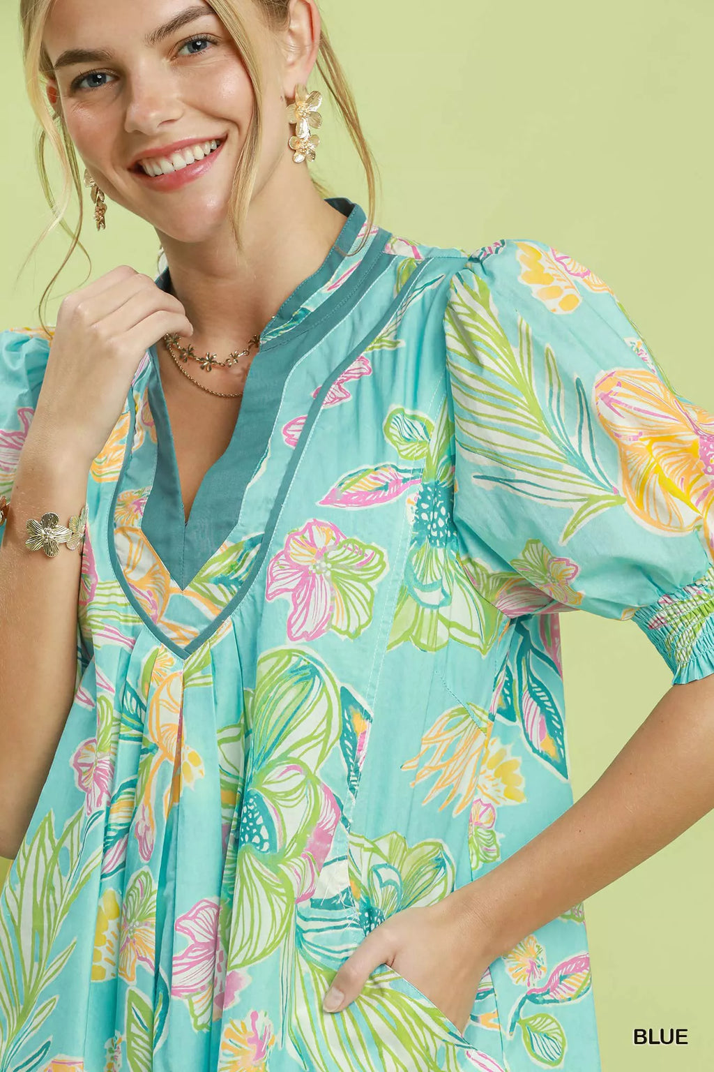 Umgee Botanical Print Dress with Smocked Cuffs