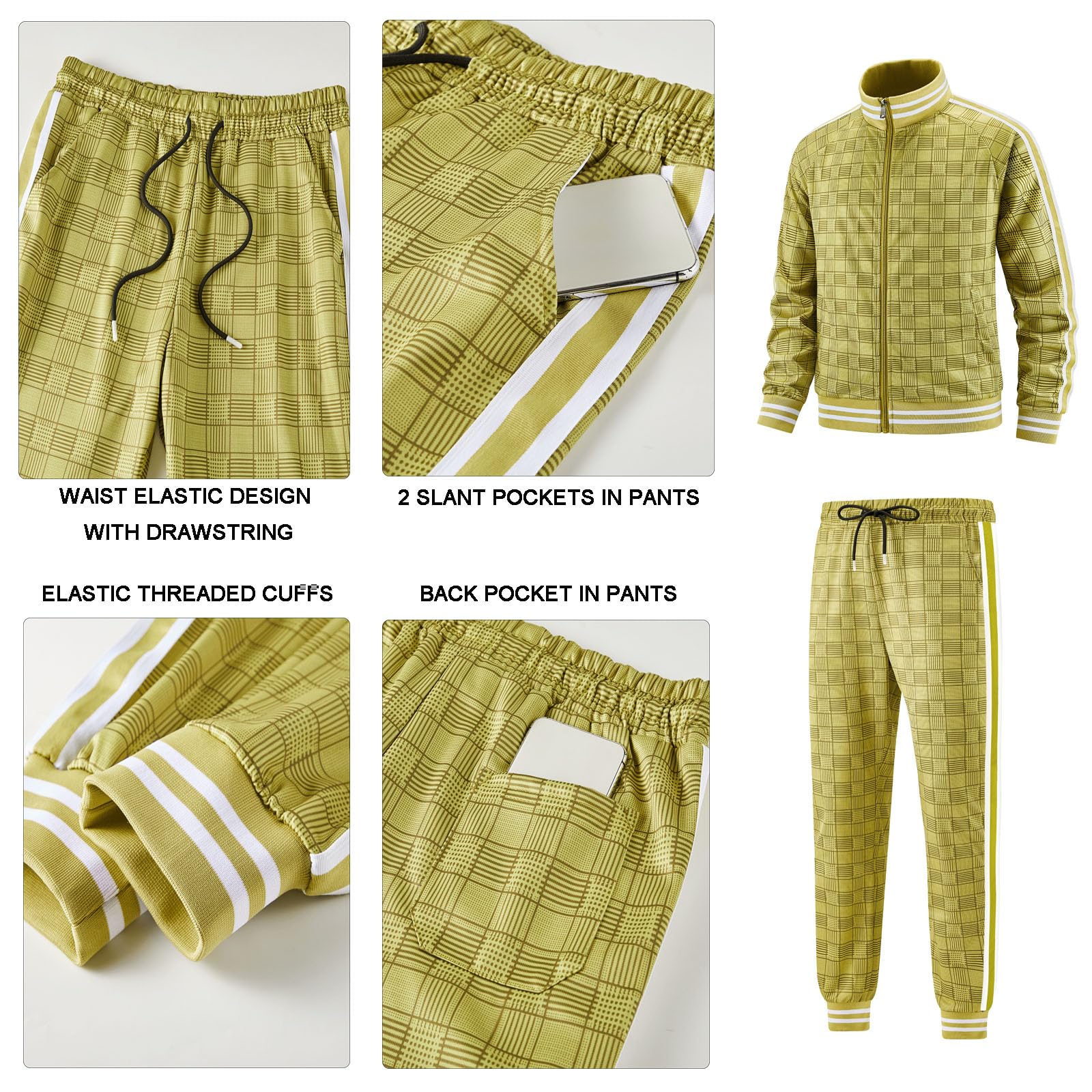 Men Tracksuits Full-zip Long Sleeve Plaid Track Jackets and Pants 2 Piece