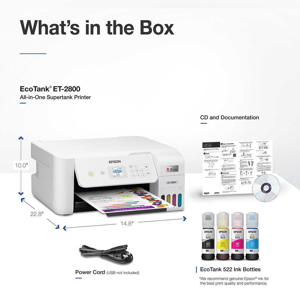 Epson EcoTank ET-2800 Wireless Color All-in-One Cartridge-Free Supertank with Scan and Copy, The Ideal Basic Home Printer - Black