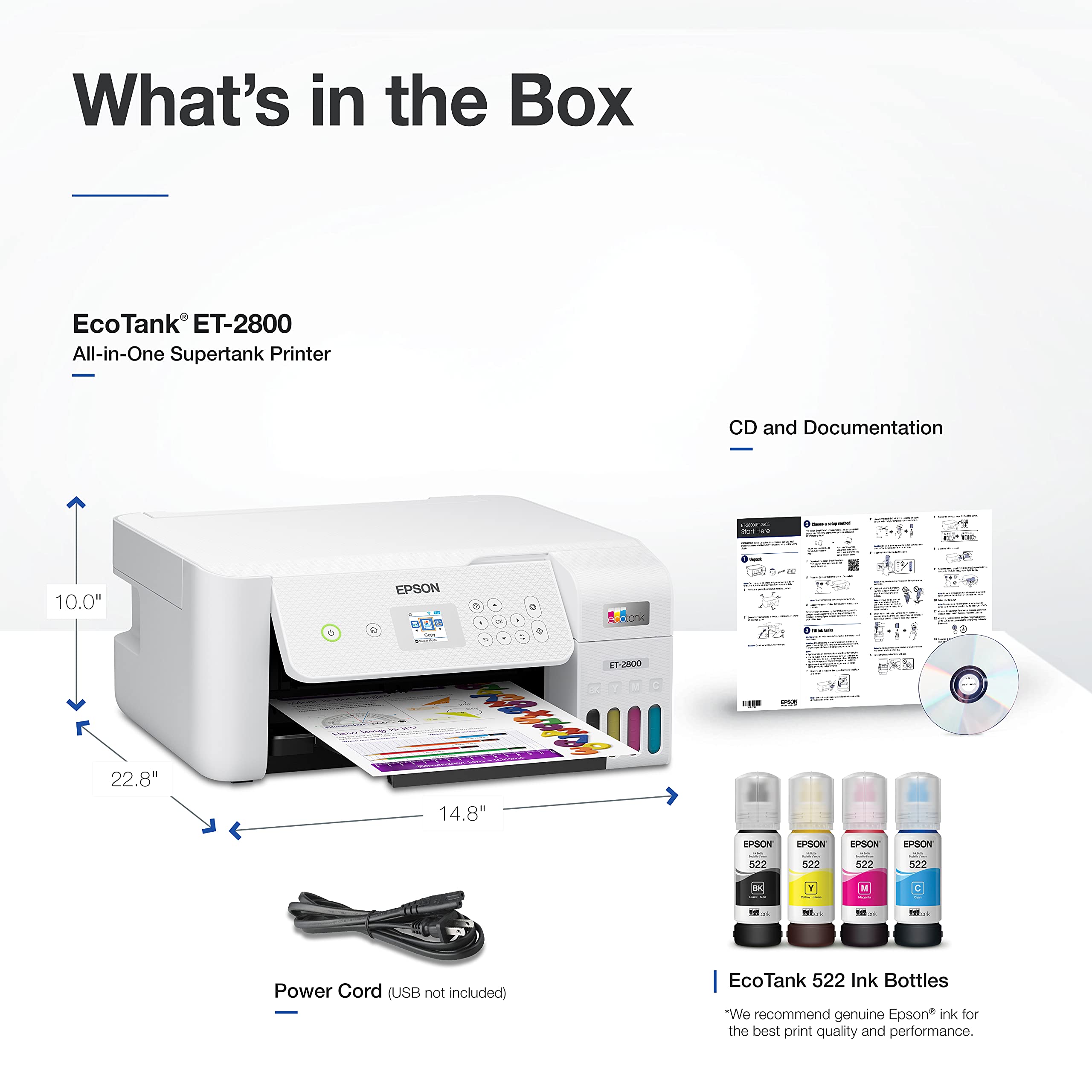 Epson EcoTank ET-2800 Wireless Color All-in-One Cartridge-Free Supertank with Scan and Copy, The Ideal Basic Home Printer - Black