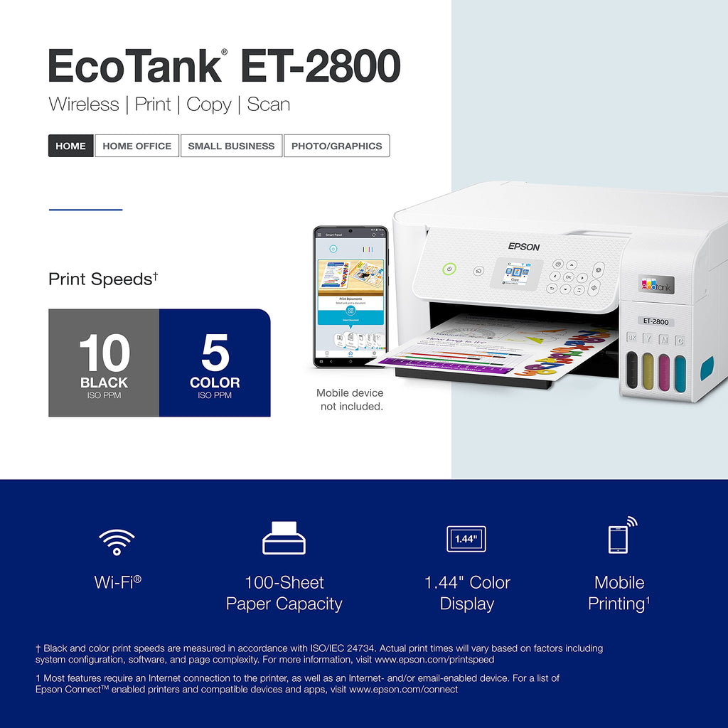 Epson EcoTank ET-2800 Wireless Color All-in-One Cartridge-Free Supertank with Scan and Copy, The Ideal Basic Home Printer - Black
