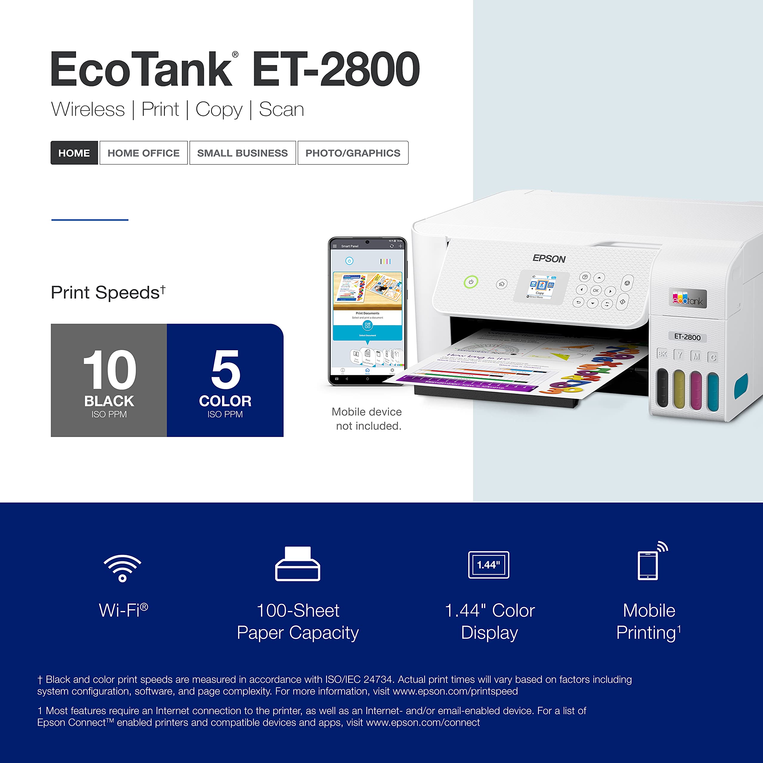 Epson EcoTank ET-2800 Wireless Color All-in-One Cartridge-Free Supertank with Scan and Copy, The Ideal Basic Home Printer - Black