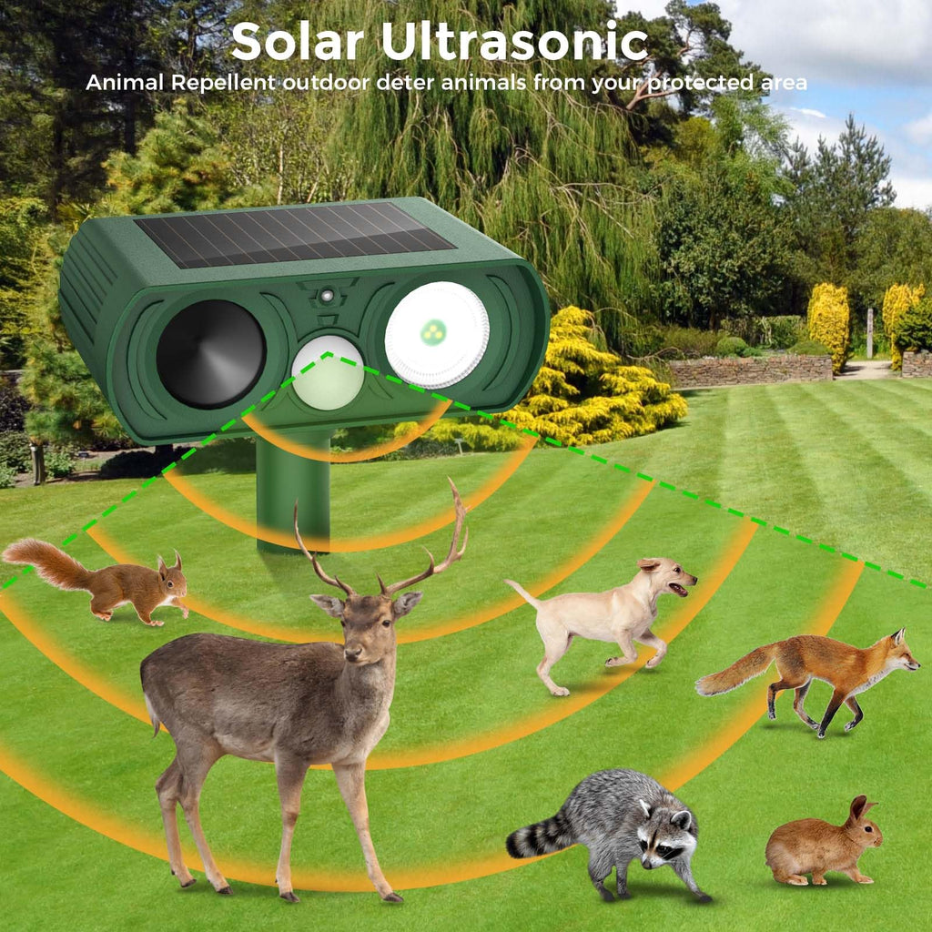 Upgraded Solar Ultrasonic Animal Repellent Outdoor, Deer Repellent Devices Squirrel Cat Raccoon Rabbit Dog Deterrent, Keep Skunk Away Motion Detection with Flash Light for Yard Garden Lawn 2PACKGreen