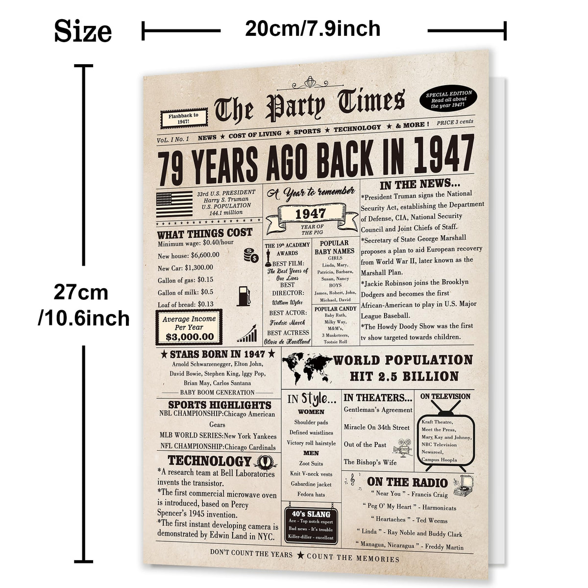 Ziwenhu 79th Birthday Card with Envelope, Vintage 1947 Newspaper Design
