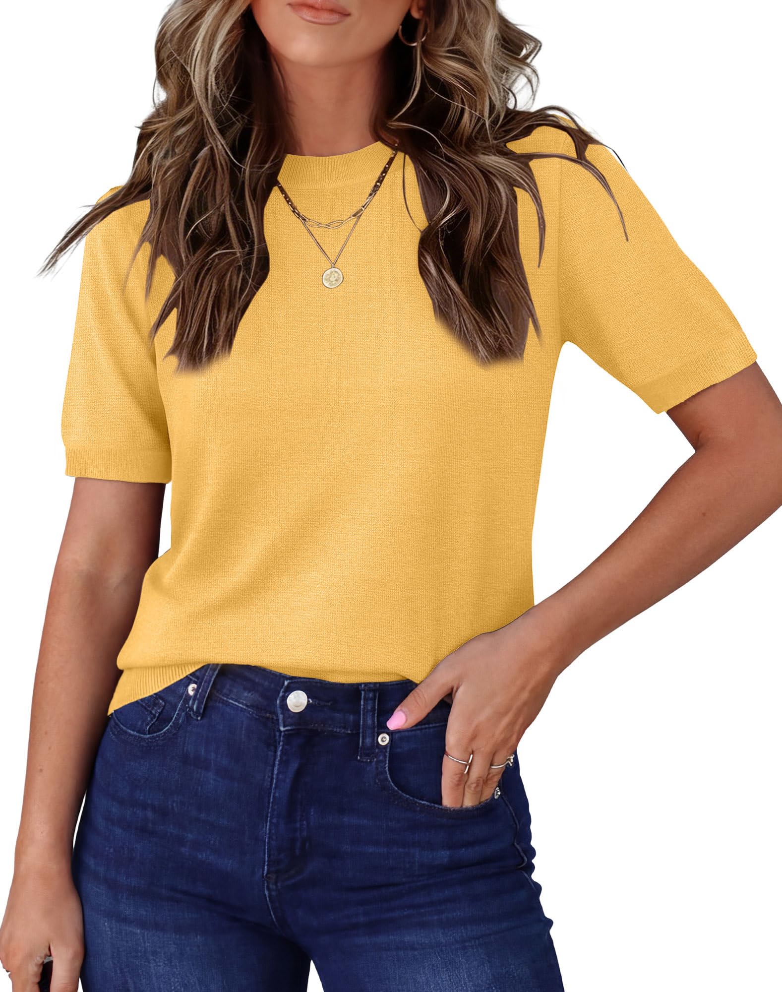 RUMIA Short Sleeve Sweaters for Women Lightweight Loose Business Casual Tops (XS-XXL)