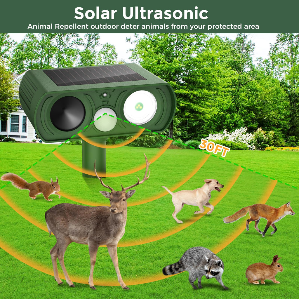 Upgraded Solar Ultrasonic Animal Repellent Outdoor, Deer Repellent Devices Squirrel Cat Raccoon Rabbit Dog Deterrent, Keep Skunk Away Motion Detection with Flash Light for Yard Garden Lawn 2PACKGreen
