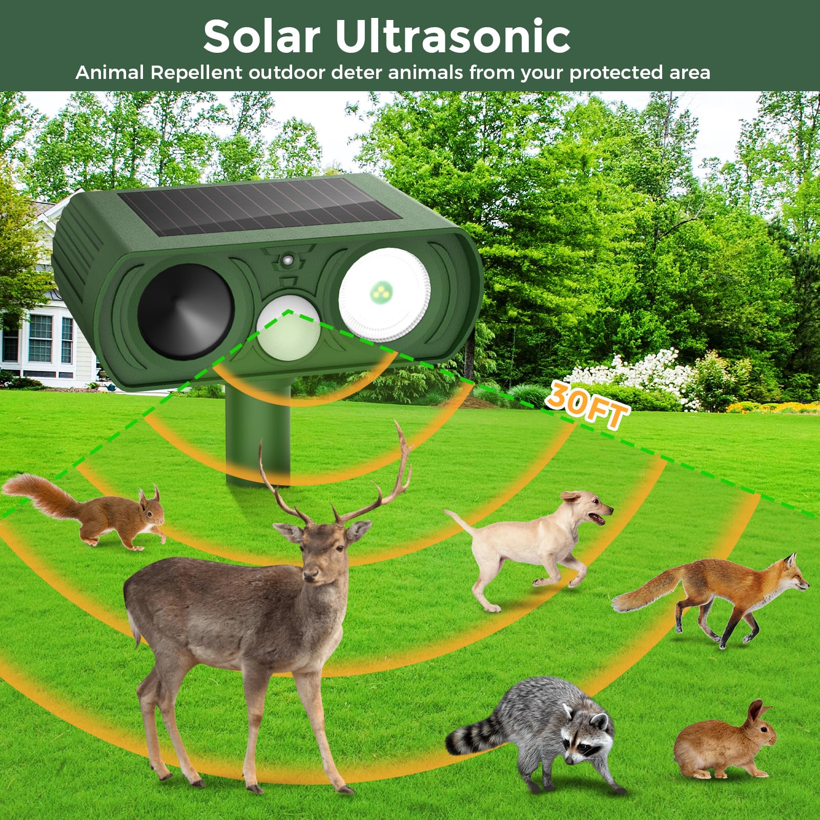Upgraded Solar Ultrasonic Animal Repellent Outdoor, Deer Repellent Devices Squirrel Cat Raccoon Rabbit Dog Deterrent, Keep Skunk Away Motion Detection with Flash Light for Yard Garden Lawn 2PACKGreen