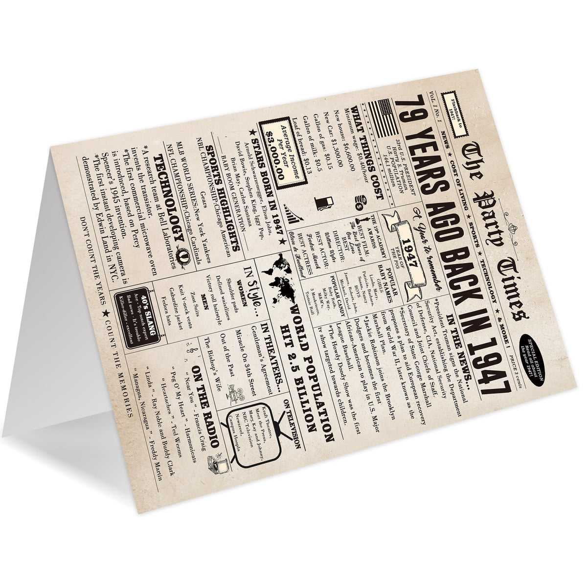 Ziwenhu 79th Birthday Card with Envelope, Vintage 1947 Newspaper Design