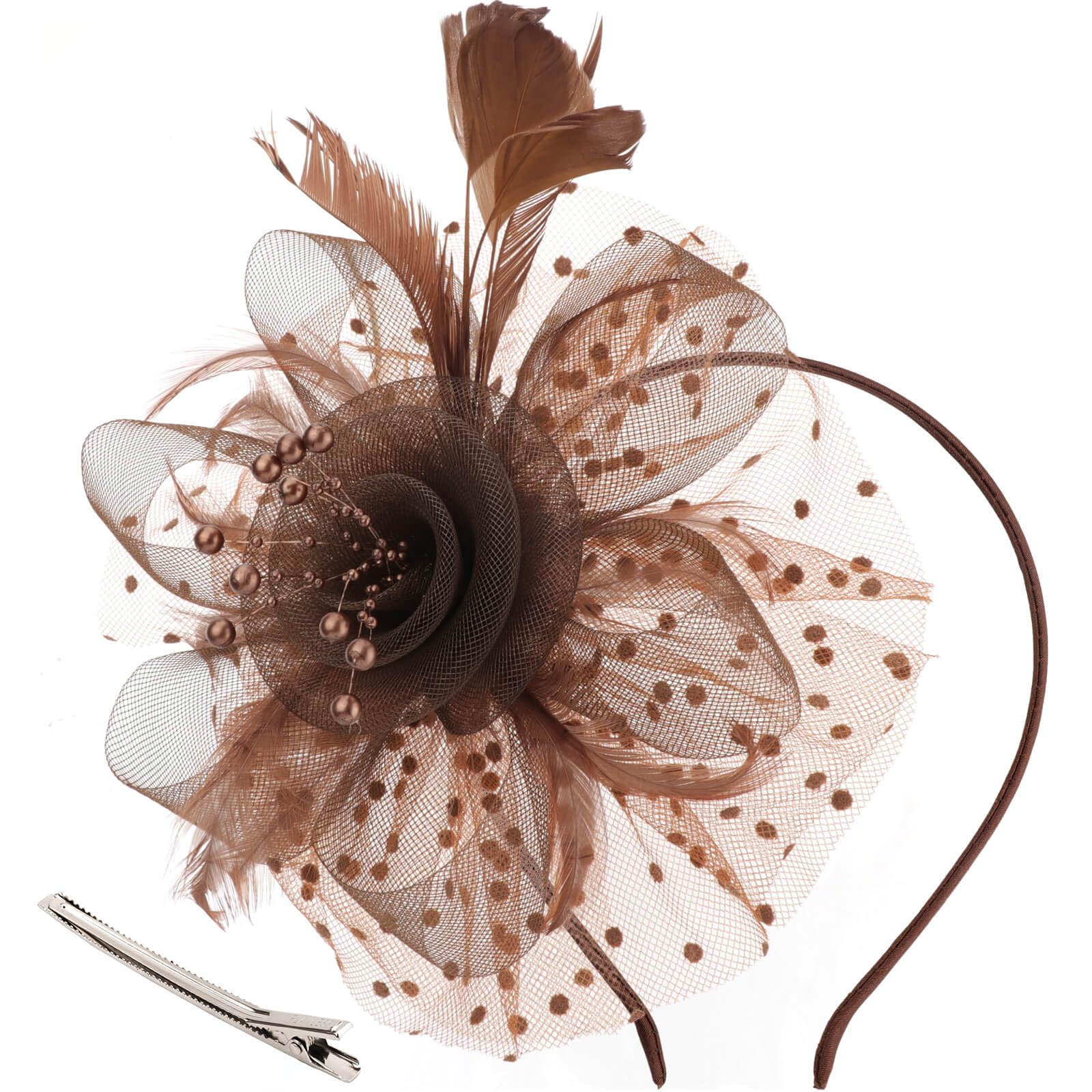 DRESHOW Fascinators Hat Flower Mesh Ribbons Feathers on a Headband and a Clip Tea Party Headwear for Girls and Women