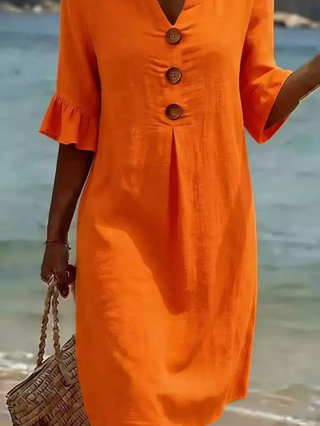 Full Size Decorative Button Ruffle Half Sleeve Dress Plus Size