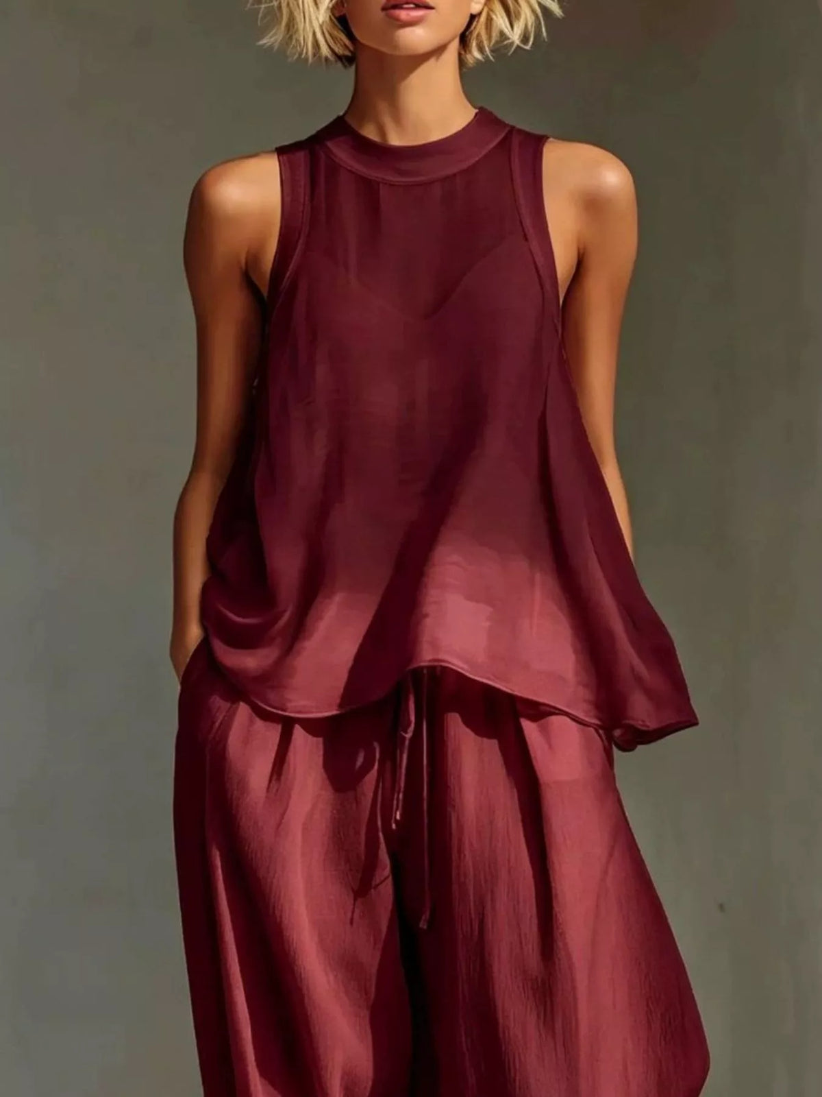 Full Size Sheer Sleeveless Top and Wide-Leg Pants Set Plus Size