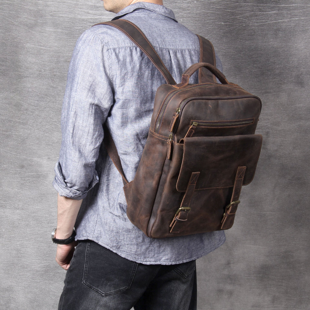 Retro Crazy Horse Leather Handmade First Layer Cowhide Backpack Schoolbags Travel Bag