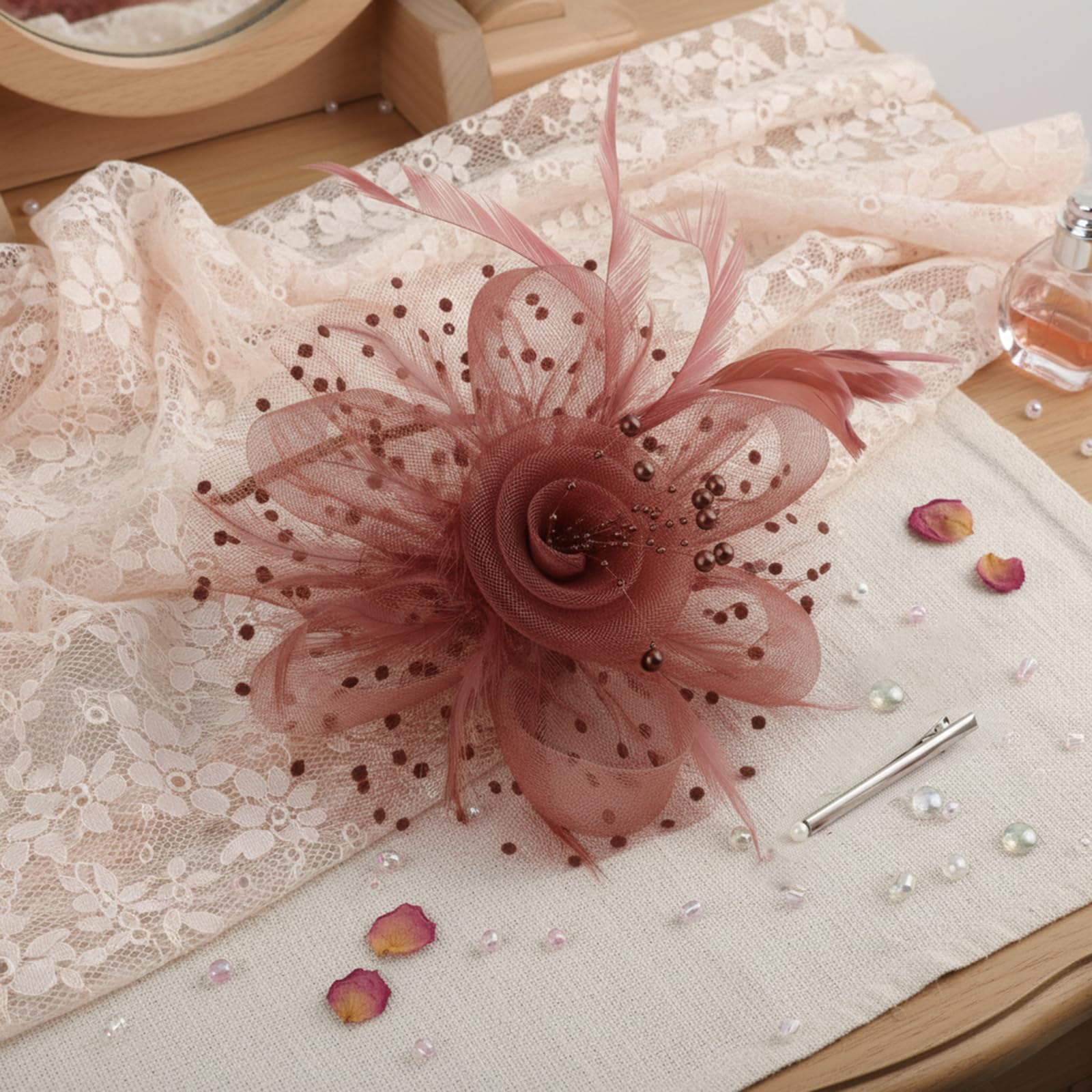 DRESHOW Fascinators Hat Flower Mesh Ribbons Feathers on a Headband and a Clip Tea Party Headwear for Girls and Women