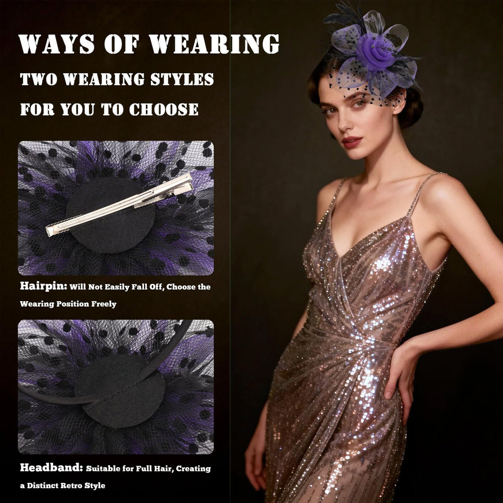 DRESHOW Fascinators Hat Flower Mesh Ribbons Feathers on a Headband and a Clip Tea Party Headwear for Girls and Women
