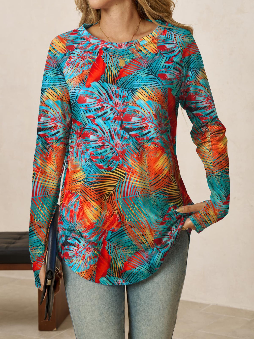 Yousify Womens Long Sleeve Shirts Casual Crew Neck Tunic Top Loose Fit Curved Hem Printed Fall Shirts with Thumb Holes