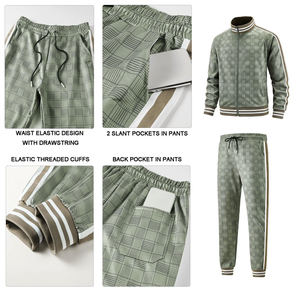 Men Tracksuits Full-zip Long Sleeve Plaid Track Jackets and Pants 2 Piece