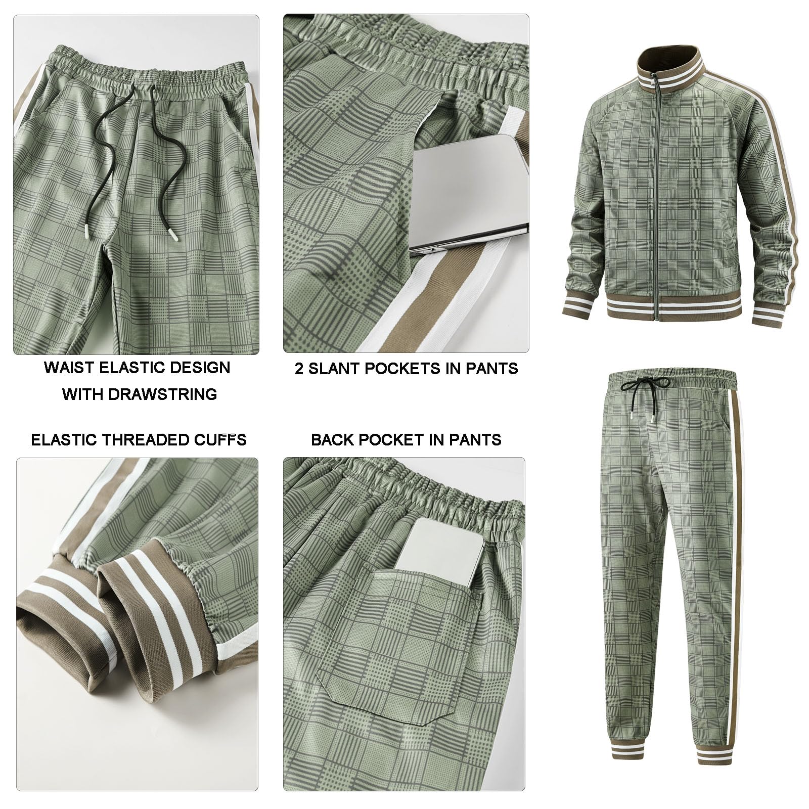 Men Tracksuits Full-zip Long Sleeve Plaid Track Jackets and Pants 2 Piece