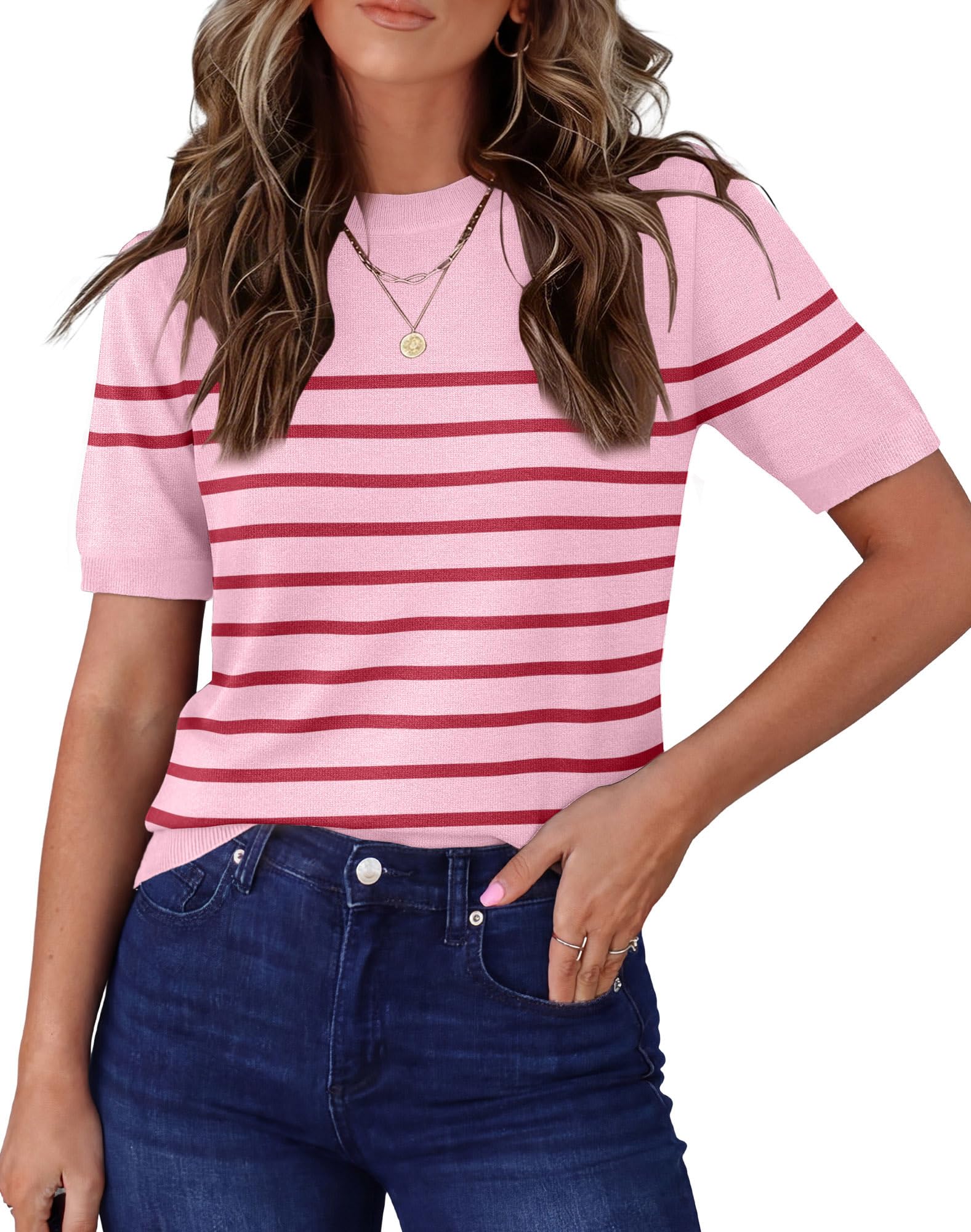RUMIA Short Sleeve Sweaters for Women Lightweight Loose Business Casual Tops (XS-XXL)