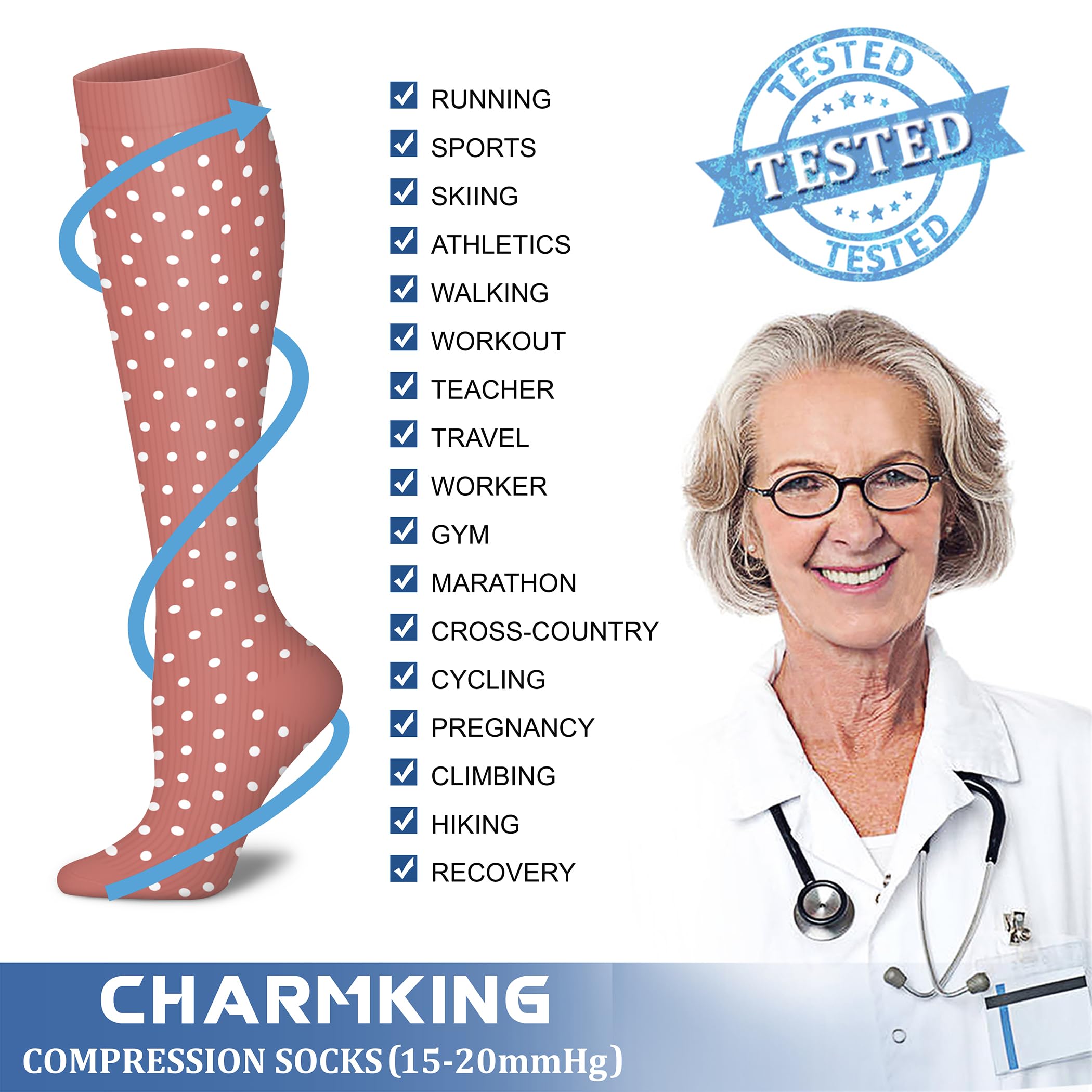 CHARMKING Compression Socks for Women & Men Circulation (8 Pairs) 15-20 mmHg is Best Support for Athletic Running,Cycling