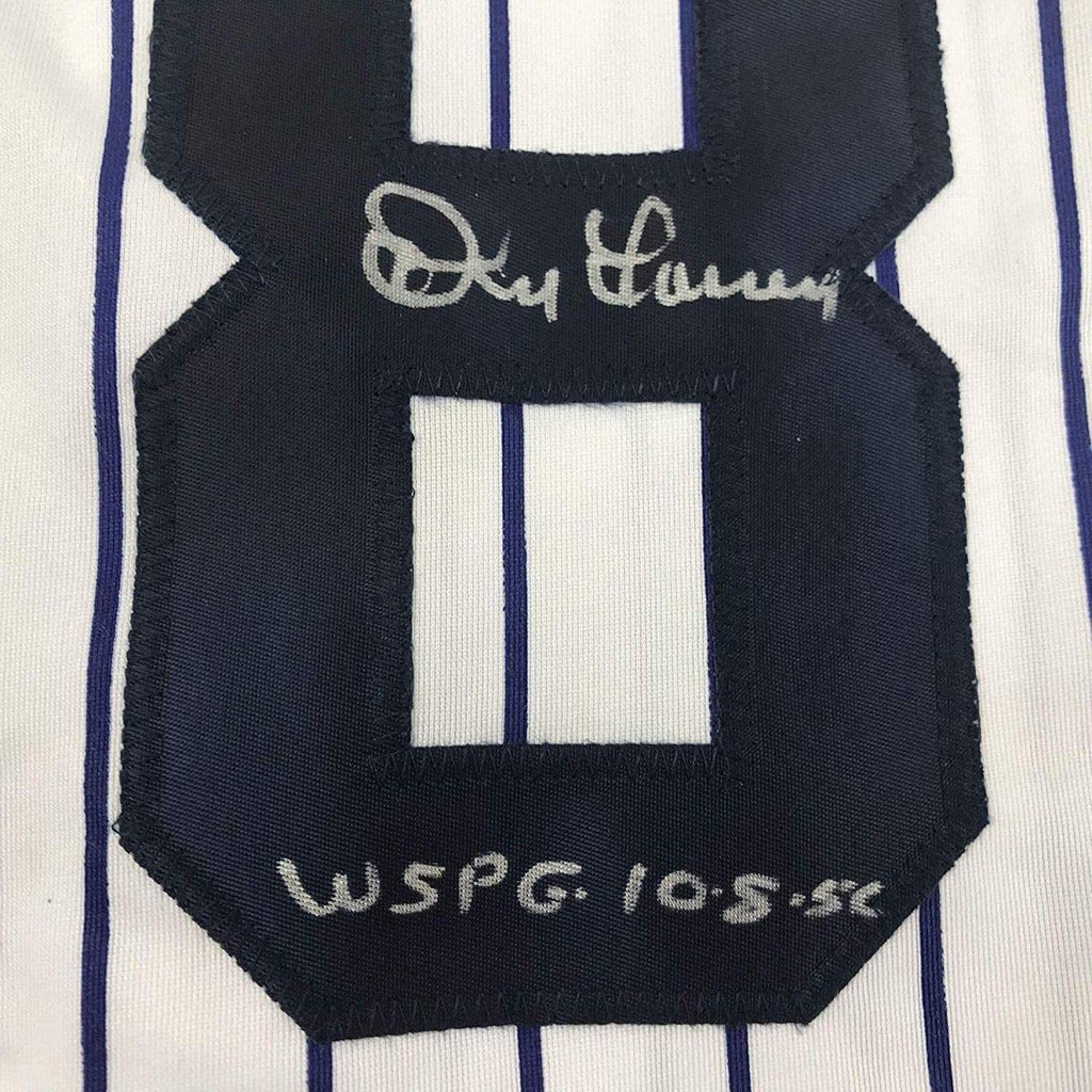 Framed Autographed/Signed Don Larsen Inscribed 35x39 New York Pinstripe Baseball Jersey Beckett BAS COA