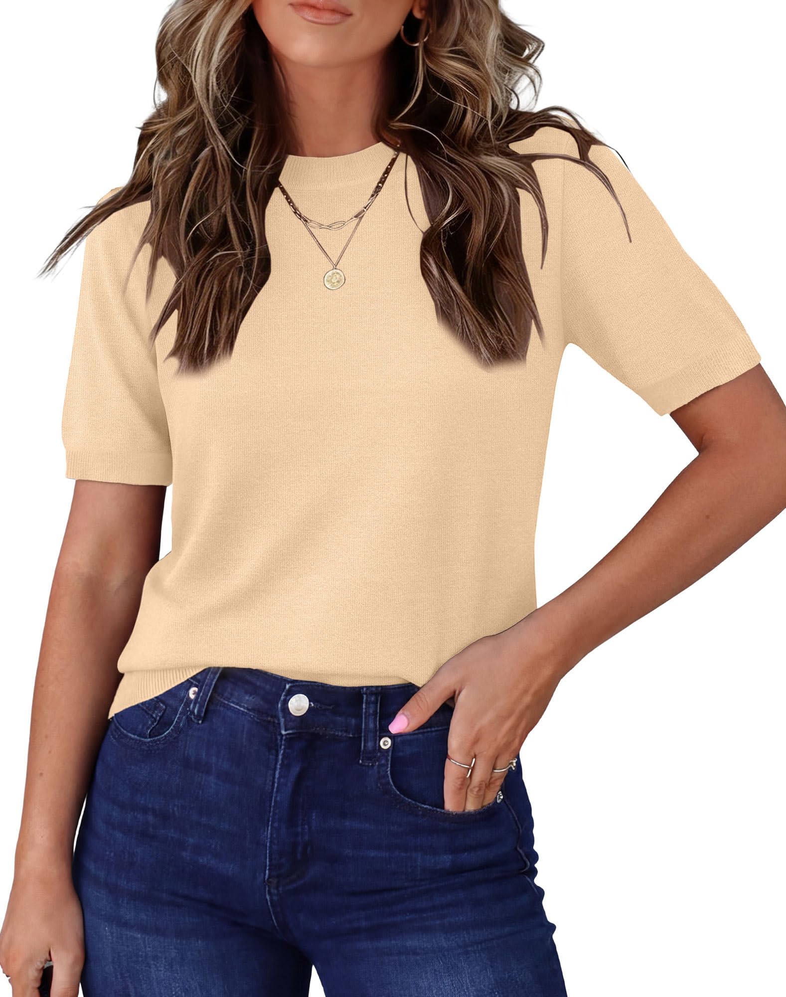 RUMIA Short Sleeve Sweaters for Women Lightweight Loose Business Casual Tops (XS-XXL)