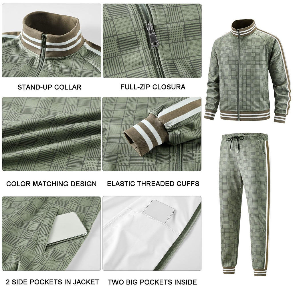 Men Tracksuits Full-zip Long Sleeve Plaid Track Jackets and Pants 2 Piece
