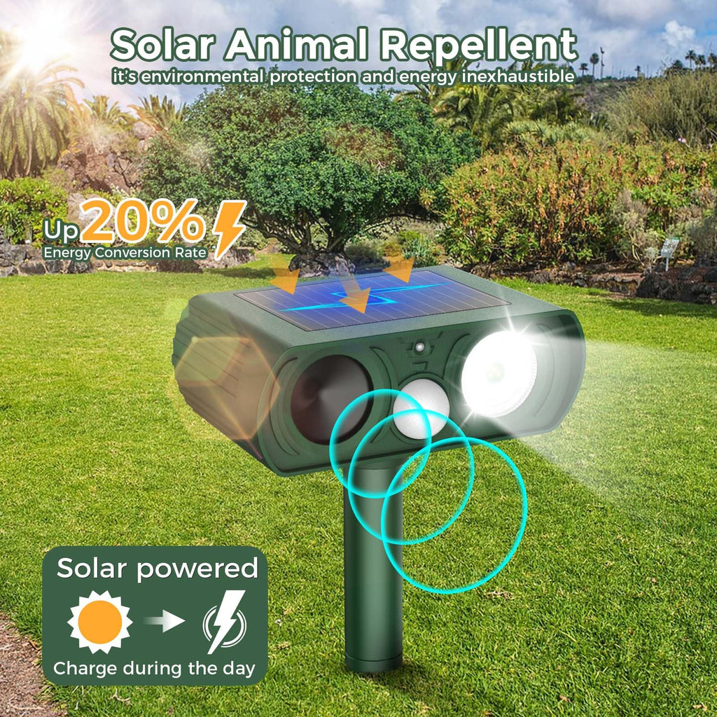 Upgraded Solar Ultrasonic Animal Repellent Outdoor, Deer Repellent Devices Squirrel Cat Raccoon Rabbit Dog Deterrent, Keep Skunk Away Motion Detection with Flash Light for Yard Garden Lawn 2PACKGreen