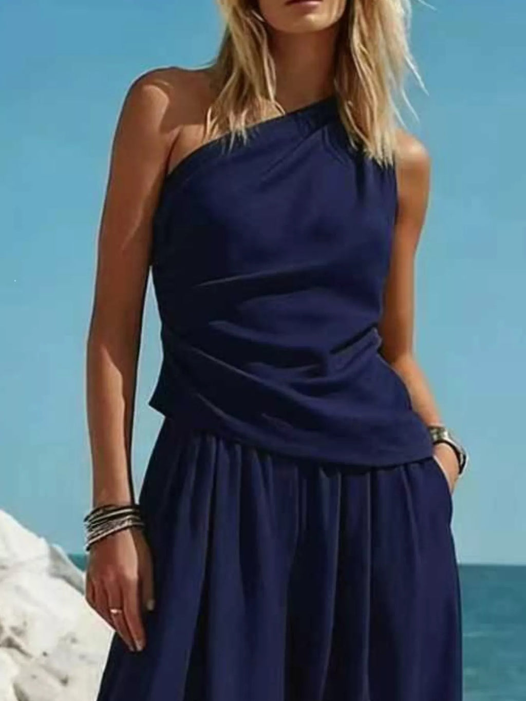 Full Size One-Shoulder Sleeveless Top and Harem Pants Set Plus Size