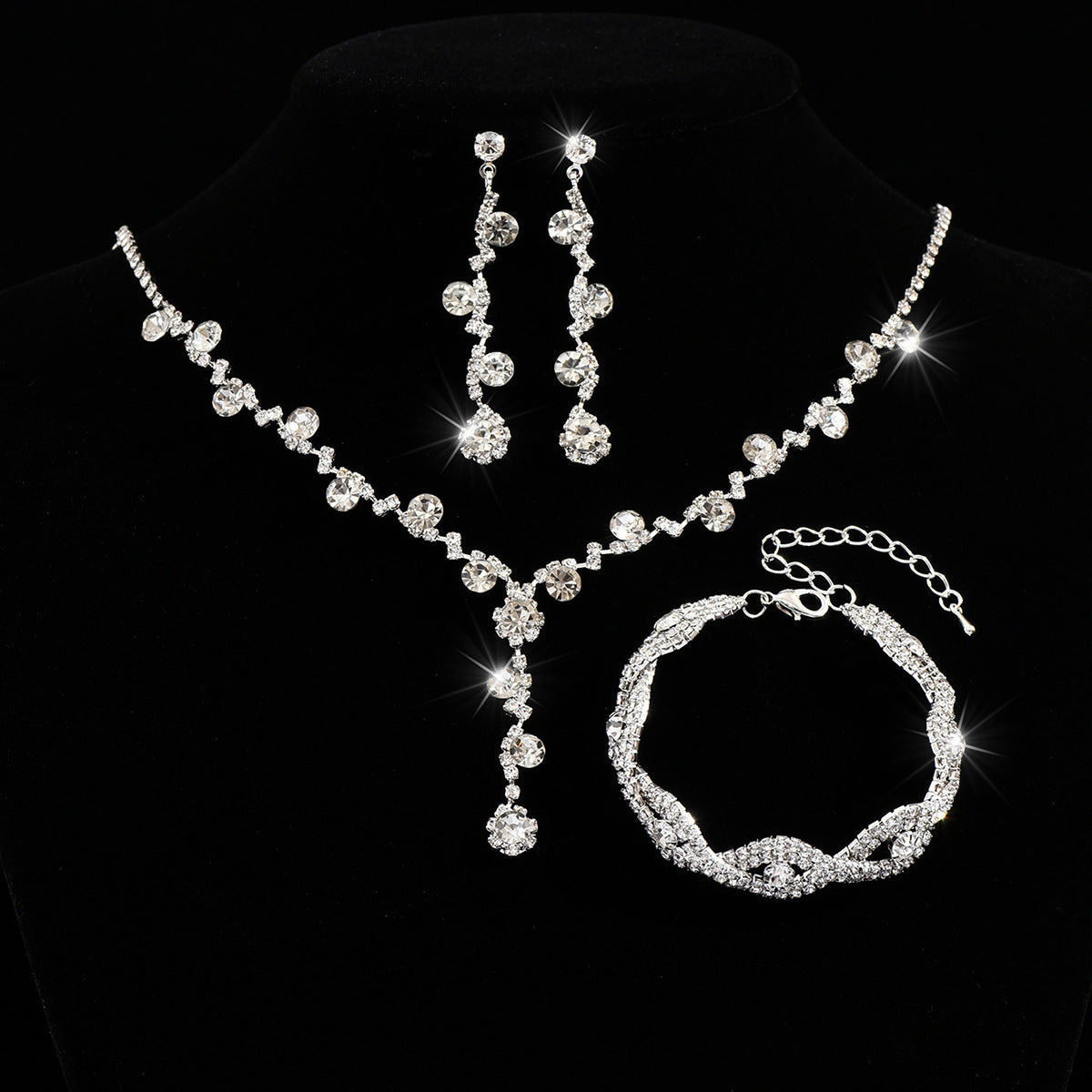 2026 Cross-border Rhinestone Jewelry Necklace Earring Bracelet Three-piece Jewelry Accessories Bridal Wedding Jewelry All-match