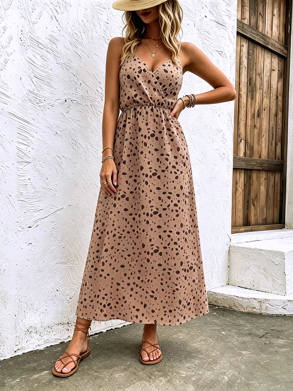Floral Print Spaghetti Strap Midi Dress – White / Taupe