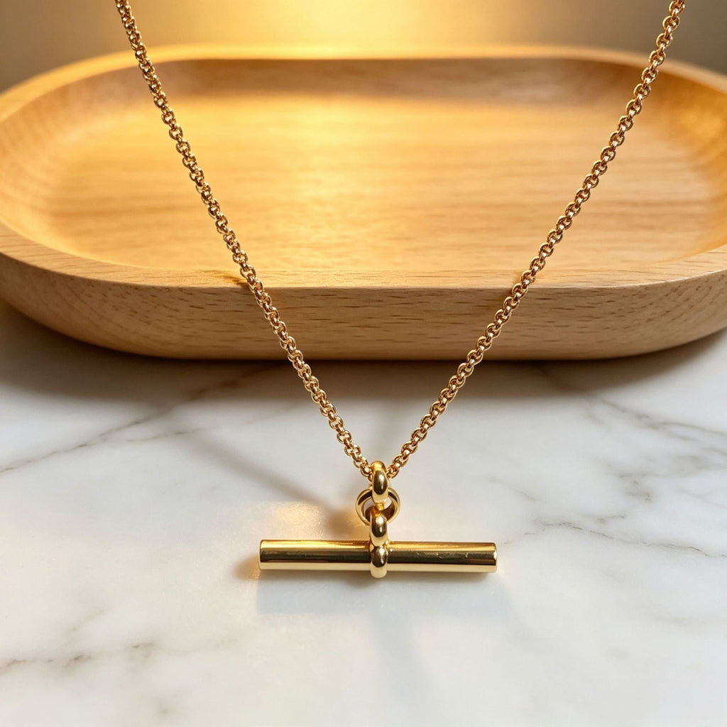 French Minimalist T-bar Necklace With 18K Gold-plated Beads