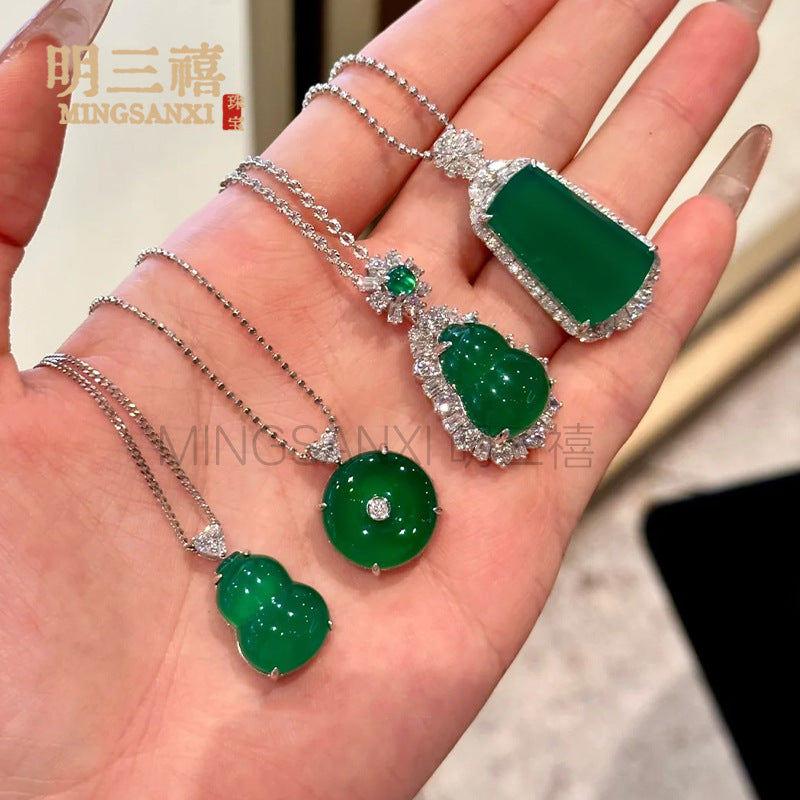 Imperial Green Necklace, Chinese Style Gourd Pendant Necklace, Full Green Natural Chalcedony, Amulet For Peace, Agate Safety Buckle, Jade Pendant