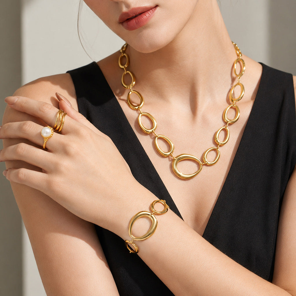 Titanium Steel Gold-Plated Light Luxury All-Match Oval Chunky Chain Bracelet Necklace