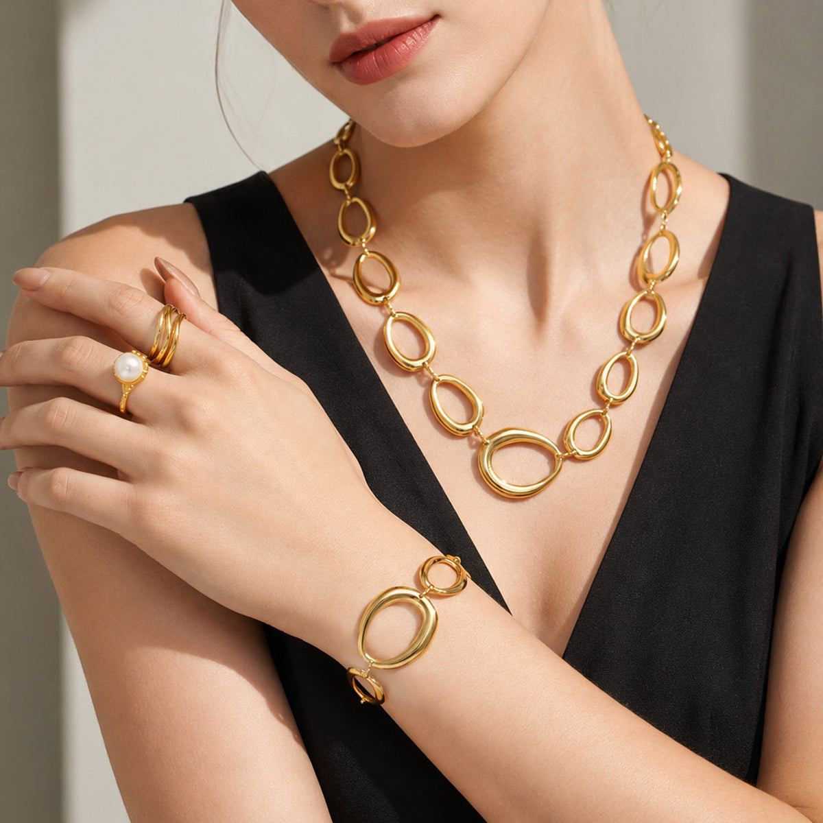 Titanium Steel Gold-Plated Light Luxury All-Match Oval Chunky Chain Bracelet Necklace
